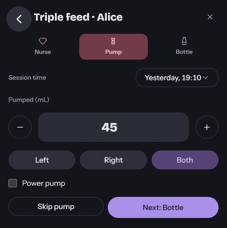 The guided triple-feed round, part way through: Nurse already done, Pump open with 45 mL entered on both sides, Bottle still ahead, and a Next: Bottle button.