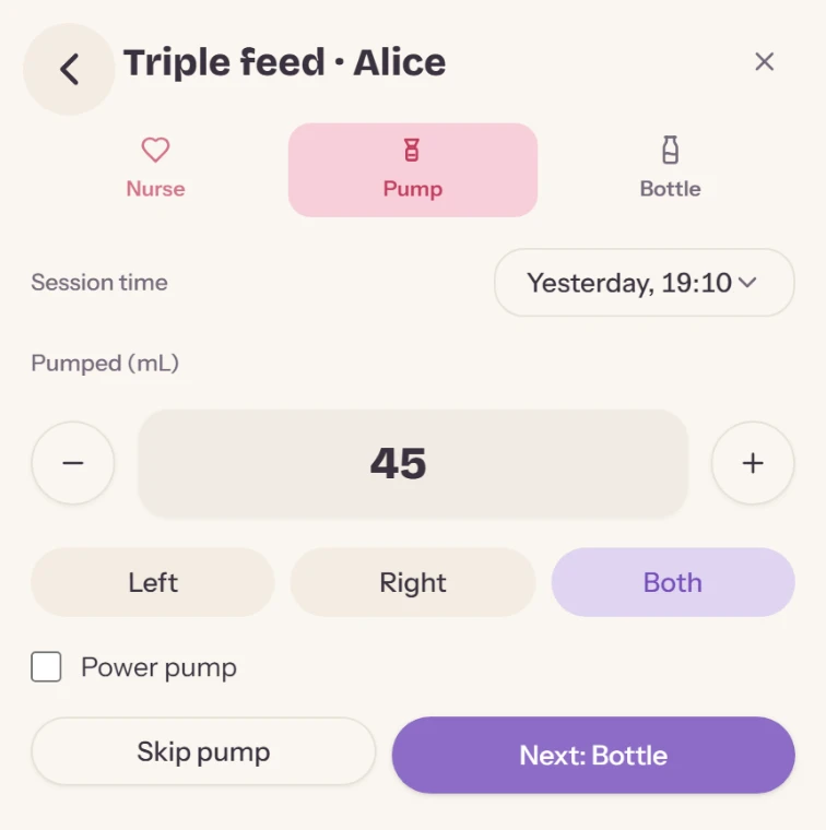 The guided triple-feed round, part way through: Nurse already done, Pump open with 45 mL entered on both sides, Bottle still ahead, and a Next: Bottle button.